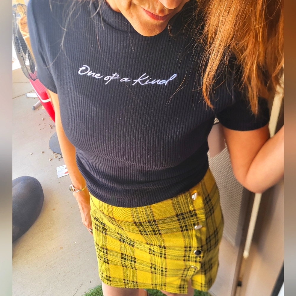 New 2 piece yellow plaid skirt with black crop top